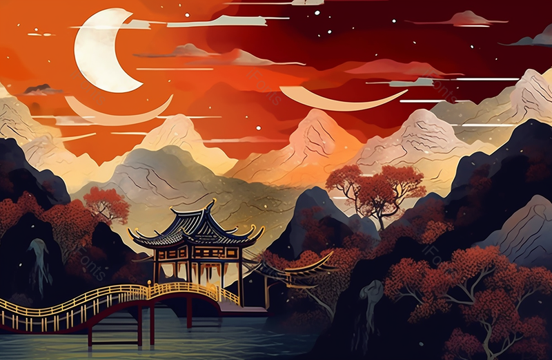 月亮红色星空夜晚山川古代建筑国风写意插画,插画/手绘图,插画/手绘图库,插画/手绘图下载,插画/手绘